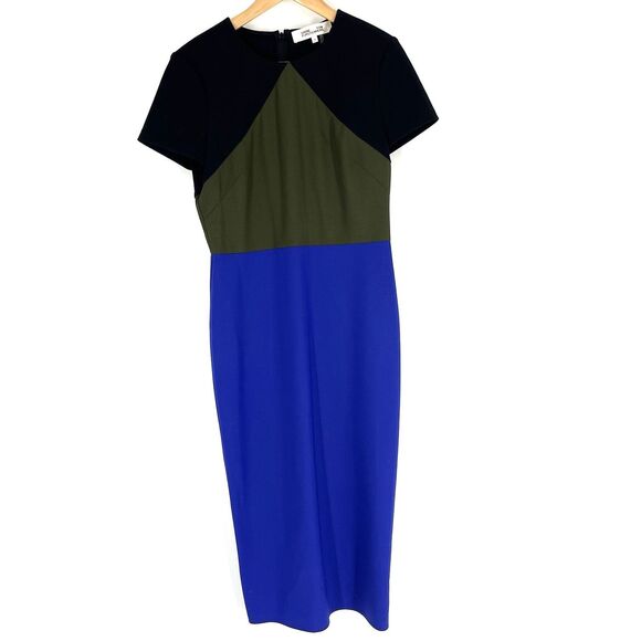 Diane Von Furstenberg Dress Size 6 Green Black Colorblock Midi Sheath Tailored - Picture 1 of 6